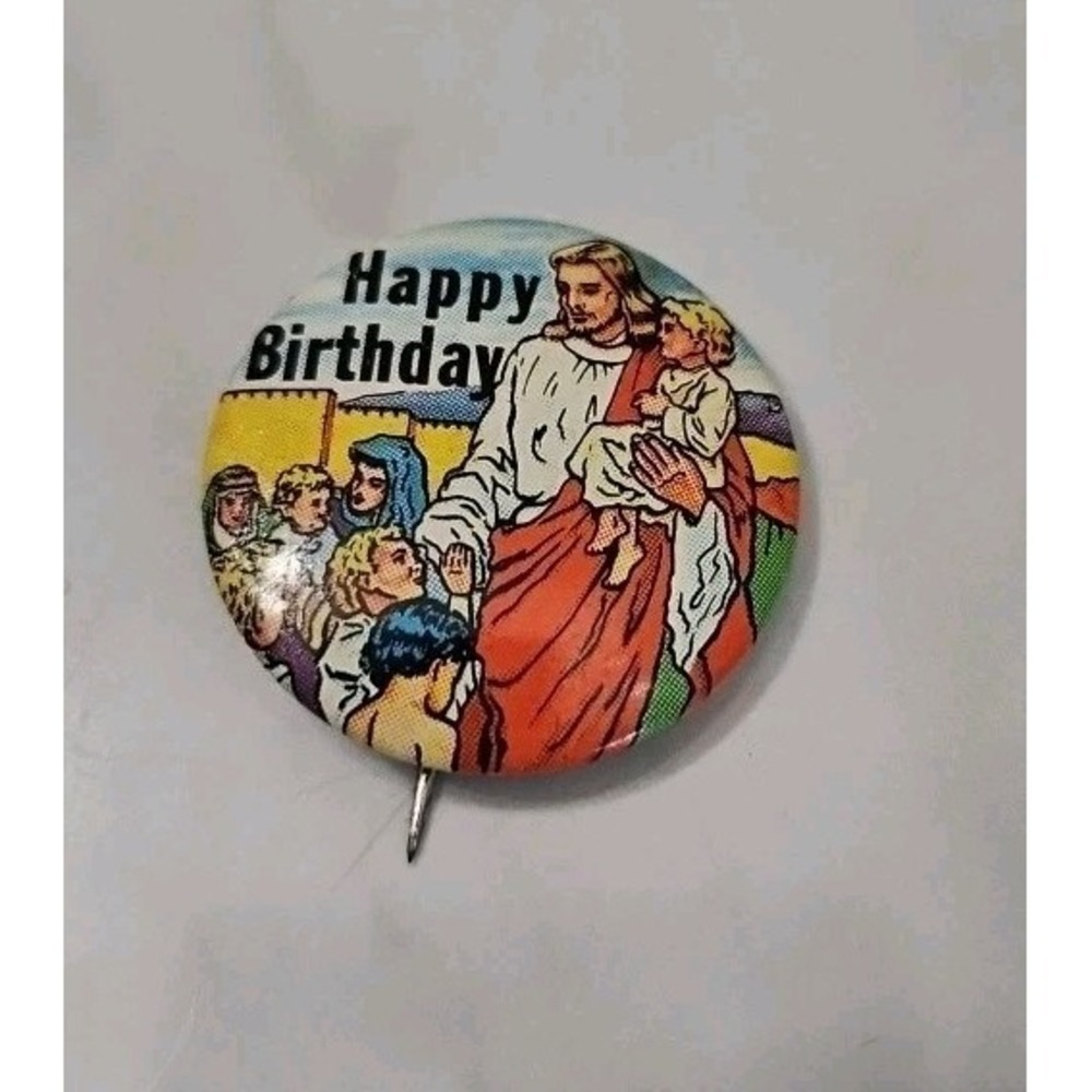 Happy Birthday Pinback Jesus Children Religious Button Badge Pin Concordia Vtg